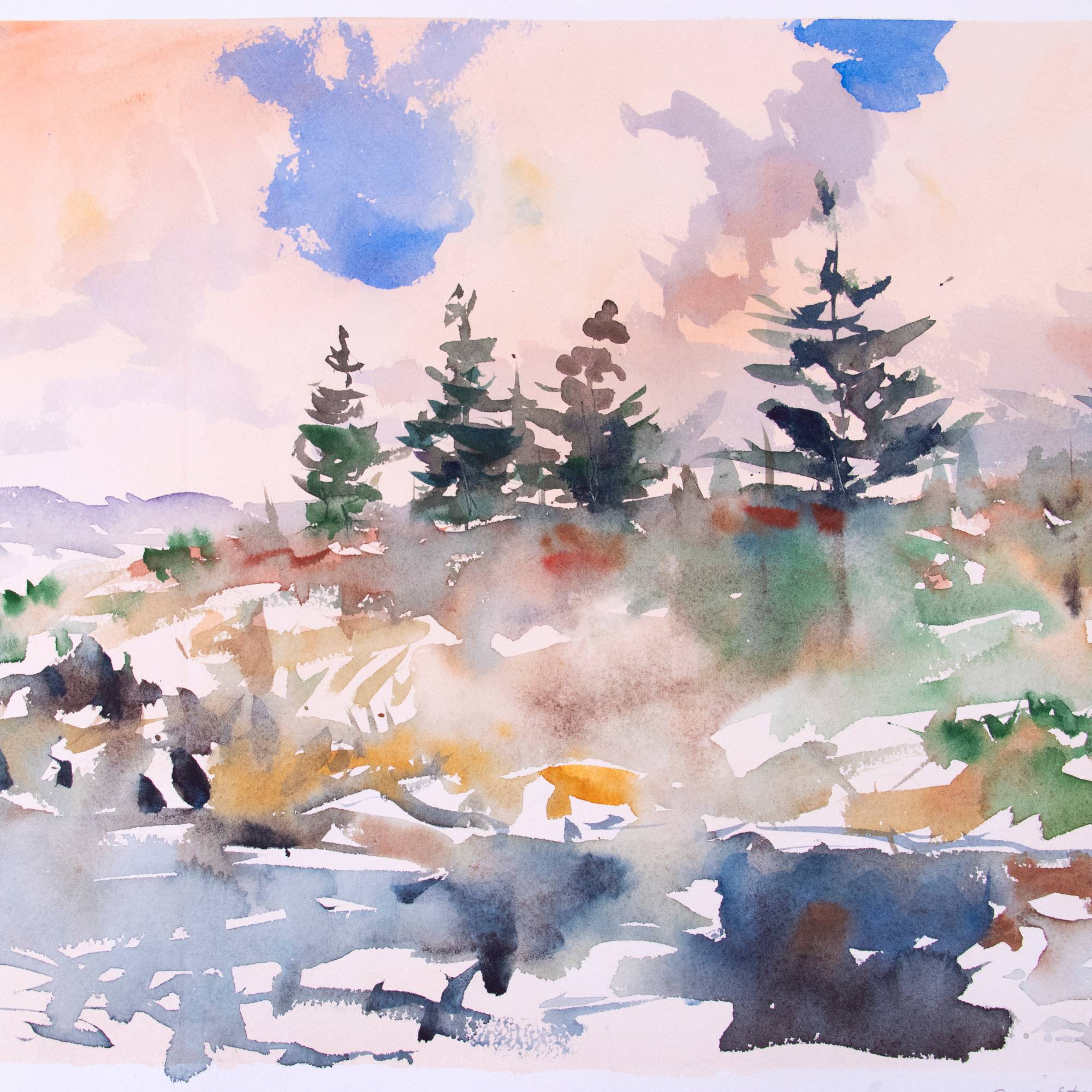 Watercolor of riverbank with pinetrees